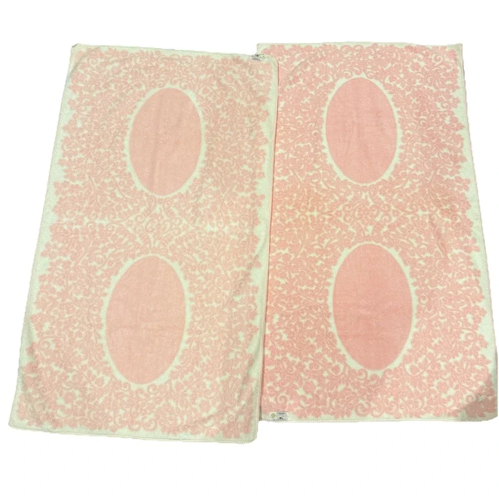 2 Vtg Bath‎ Towel Cannon Royal Family Pink White Double Rose Sculpted Plush EUC